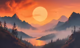 a picture of a sunset in the mountains