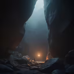light in the dark cave shows people inside