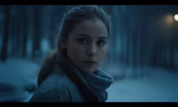 a woman in a blue coat is looking at something