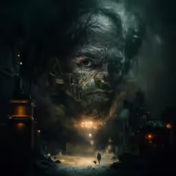 a creepy evil looking man and a man walking in the dark