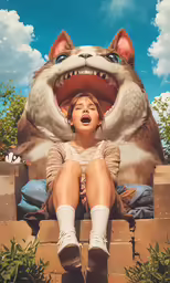 the little girl is sitting under a giant toy