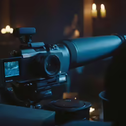 a camera on a tripod is positioned over a table