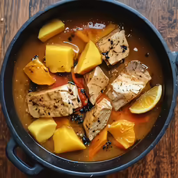 tofu, lemon and pineapple sit in the broth
