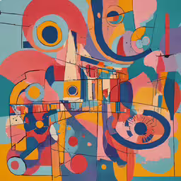 a painting of bright colored lines and circles,a colorful painting with circles and other colorful things