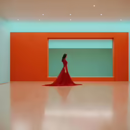 a woman in a red dress is walking around a room