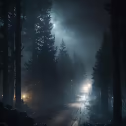 a dark road and forest at night with some headlights