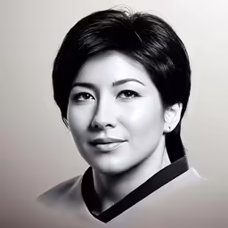an asian woman poses for a black and white photo