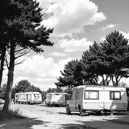 a black and white photo of several recreational vehicles