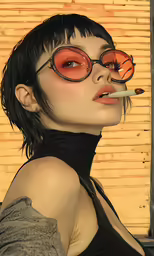 an artistic woman with glasses is smoking a cigarette