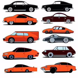 old cars and wagons have a lot of color on their front,different car type icons and their silhouettes