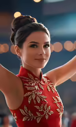 a woman in a red dress has a hand on her hip