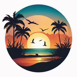 a round painting of palm trees and birds