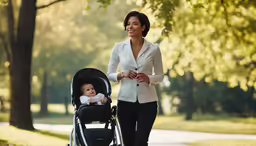 a woman pushing her baby in a stroller