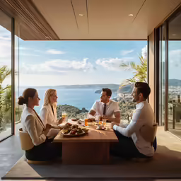 a group of people are sitting at the table eating