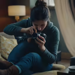 a woman sitting on the sofa taking a picture of herself