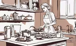 an old style illustration of a lady cooking in the kitchen,woman in a kitchen with plates and cooking utensils