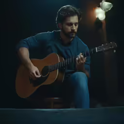 a man sitting on a stool with a guitar