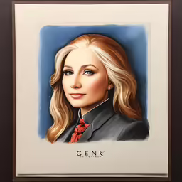 a painting with the face of a woman wearing a suit