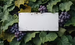 a group of purple grapes with green leaves