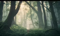 the view of the forest through the trees with a bright light coming from between
