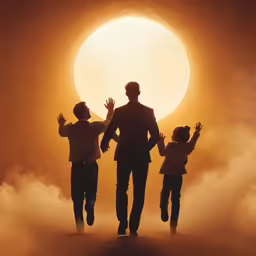 a silhouetted man and two young children are shown while the sun goes down