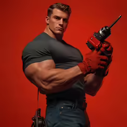 a young man with a red glove and beard, holding a drill