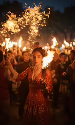 a woman in a long red dress with a fire stick