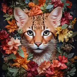 a cat surrounded by leaves and flowers is shown