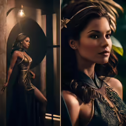 a woman standing next to another woman in an exotic fashion