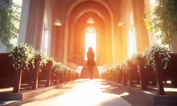 a person is walking down an aisle lined with flowers