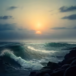 the sun setting over the ocean in this photo