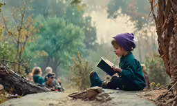 little girl sitting on the ground reading a book