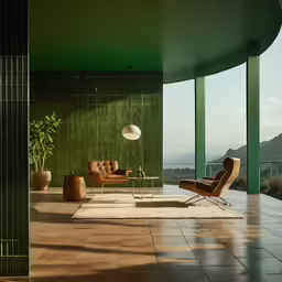 a room with a chair, rug and green walls