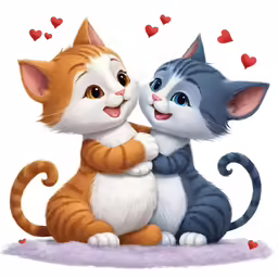 two cats are sitting down together and one is hugging the other