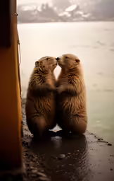 two brown bears sitting down to get a kiss