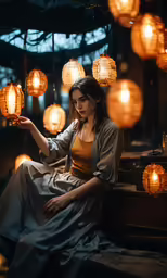 a girl sitting on the step of a stairway holding lantern lights