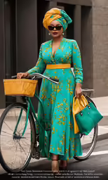 a woman wearing a dress and a turban standing next to a bicycle