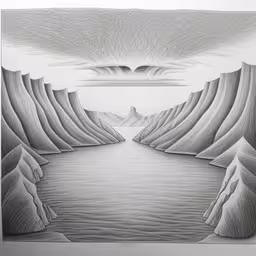 the landscape is created with gray pencils,an art work, that is made out of pencil,a drawing is shown of a cliff face,a drawing with a line art in the background,a pencil drawing of mountains and water on paper