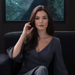 the woman in black dress is posing for the camera