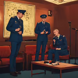 some very well dressed men with matching blue uniforms in a room,three men in blue uniform standing near each other