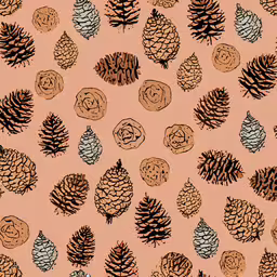pine cones and other pine cones are drawn in pencil on pink background,a pattern of pine cones and fir trees