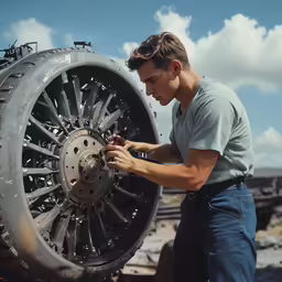 man fixing a metal rim on an airplane airplane