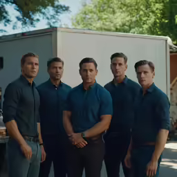 five men stand next to a truck for a picture