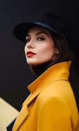an attractive lady with long hair wearing a yellow coat and hat