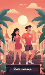 a cartoon painting of a man and woman on a beach