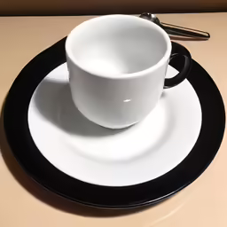 a coffee cup sits on a plate with another plate