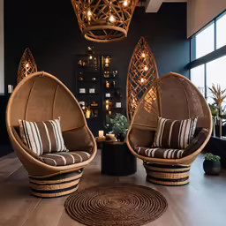 two wicker chairs and an ottoman in a room