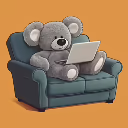 a bear is sitting in a blue chair on the couch