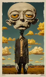 a surrealistic poster with a man wearing a suit and tie