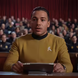 a man in a star trek uniform sits at a desk